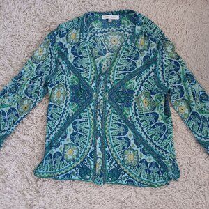 Rose + Olive Boho Button Front Blouse Medium Blue Green Mandala Rayon